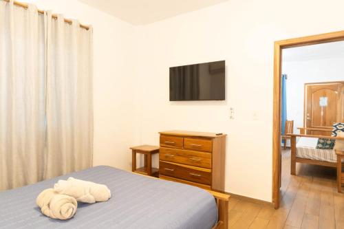 a bedroom with a bed and a dresser and a television at Chango's Apartments in Bocas Town