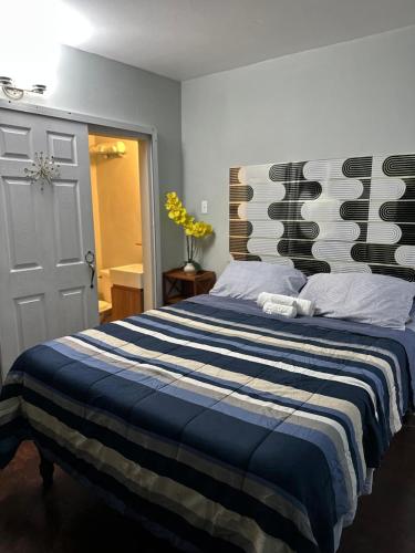 a bedroom with a bed with a blue and white blanket at Diamond Palace in Kingston
