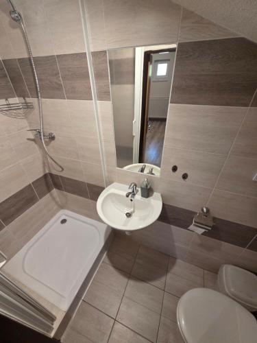 a bathroom with a sink and a toilet at Penzión Poloniny in Ulič