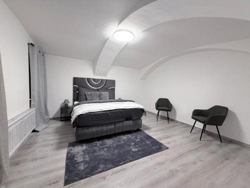 a bedroom with a bed and two chairs in it at Eliasar2 in Linz