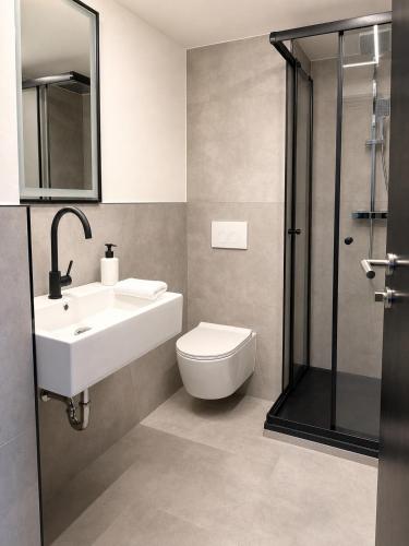 a bathroom with a toilet and a sink and a shower at Rheinischer Hof Duisburg in Duisburg