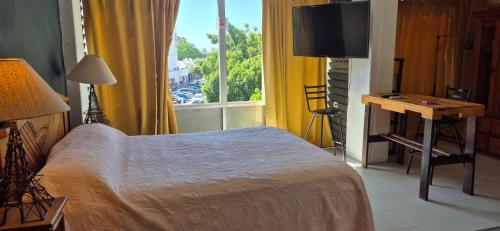 a bedroom with a bed and a television and a window at Edificio Bermejo Suites in La Paz