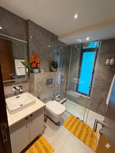 a bathroom with a toilet and a sink and a shower at 1bedroom at Solaris in Accra
