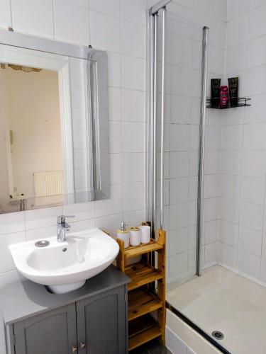 a bathroom with a sink and a shower at Stadium Solution Flat in London