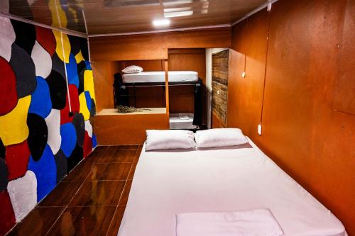 a small room with a bed and a painting on the wall at Blackout Party Hostel and Experiences in Fortuna