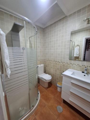 a bathroom with a shower and a toilet and a sink at Las Olas Corralejo beach in Corralejo
