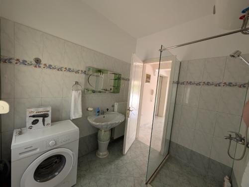 a bathroom with a washing machine and a sink at Vila Albert in Gjirokastër