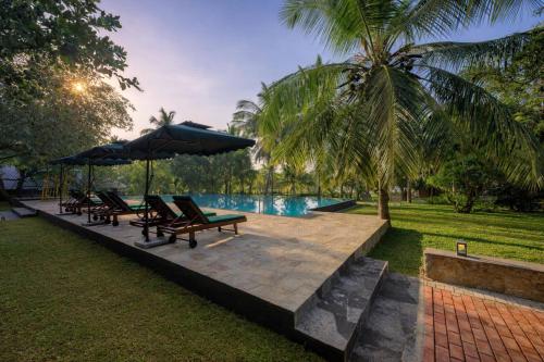 a group of chairs and umbrellas next to a pool at Camp Thuduwa Udawalawe in Udawalawe