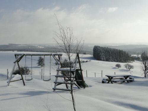 a swing set and a picnic table in the snow at Holiday Home A Pas de Loup in La Roche-en-Ardenne