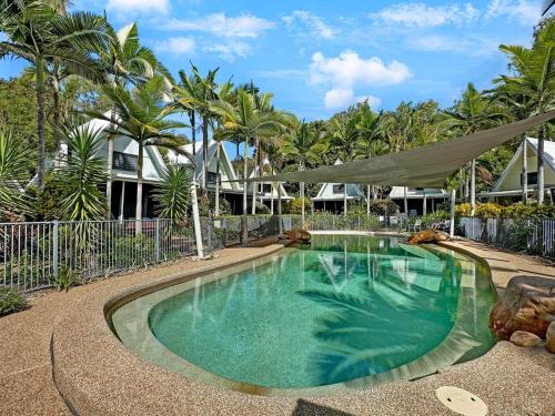 a swimming pool in a yard with palm trees at Canopy Chalet 6 in Nelly Bay