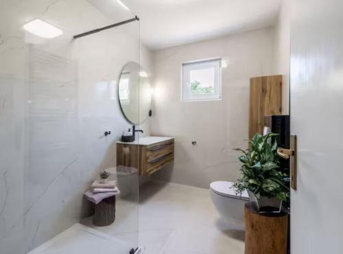 a bathroom with a sink and a toilet and a mirror at Villa Pax in Studenci