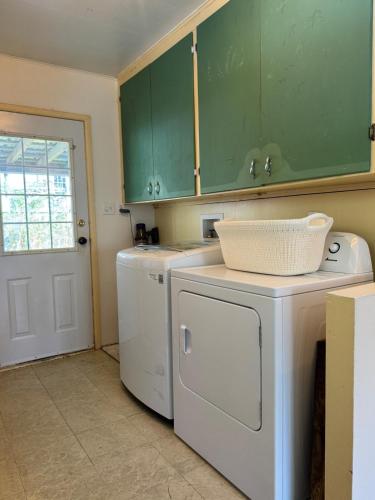 a kitchen with a washing machine and green cabinets at Husie by die see in Tahsis