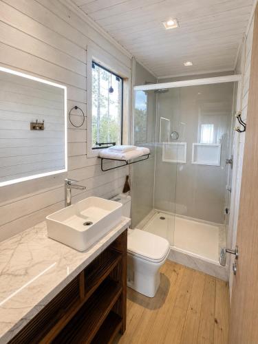 a bathroom with a sink and a toilet and a shower at Celeiro in Campina Grande do Sul