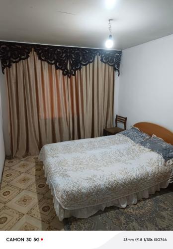 a bedroom with a bed and a curtain at Сдается дача in Balqash