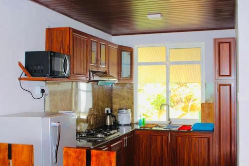 a kitchen with a white refrigerator and a microwave at Lake Infinity Luxury Condos in Nuwara Eliya