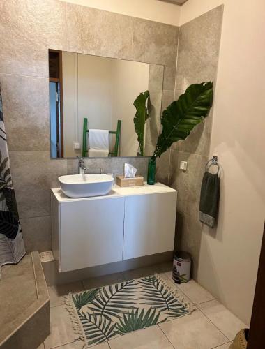 a bathroom with a sink and a mirror at Suite confortable avec vue imprenable in Punaauia
