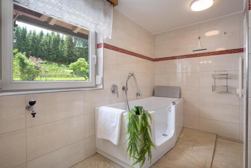 a bathroom with a bath tub and a window at Haus Anna in Kirchberg in Tirol
