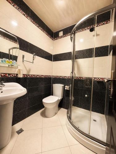 a bathroom with a toilet and a shower and a sink at Antika Hotel in Batumi