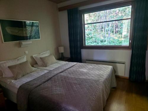 a bedroom with a bed and a large window at Kylpyla SPA, Saimaa Villa B3 in Imatra