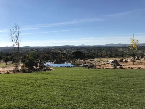 a green field with a lake in the distance at Finca el enebro in Valdemorillo