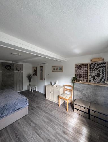 a bedroom with a bed and a desk and a chair at Ferienwohnung bei Karl in Schmallenberg