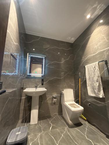 a bathroom with a sink toilet and a mirror at Hotel sky inn in Jalandhar