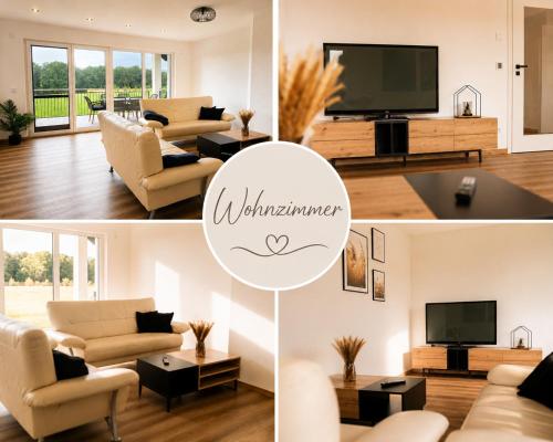 a living room with a couch and a tv at Moderne Bauernhof Wohnung mitten in der Natur in Emtmannsberg