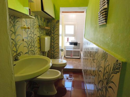 a green bathroom with a sink and a toilet at Appartamento in centro con terrazza in Viareggio