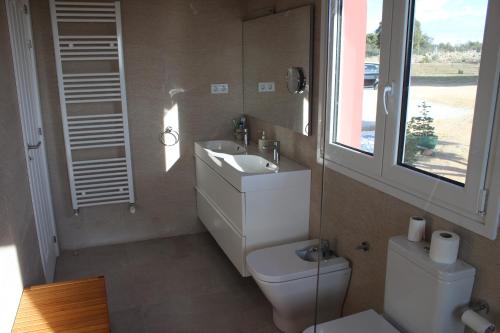 a bathroom with a sink and a toilet and a window at Finca el enebro in Valdemorillo