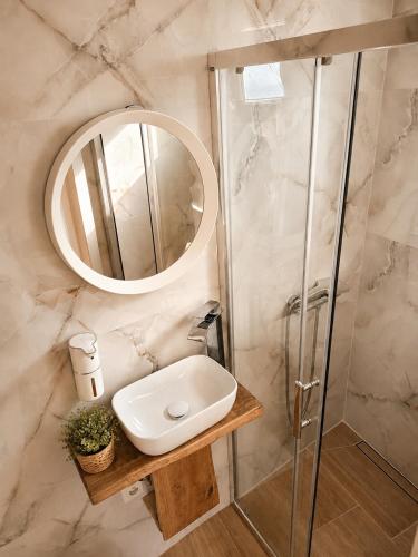 a bathroom with a shower and a sink and a mirror at Sky Terrace retreat in Draga Bašćanska
