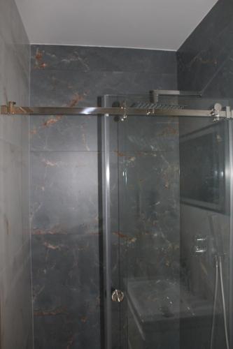 a shower with a glass door in a bathroom at Apartmány Nitrianska osada in Bánov