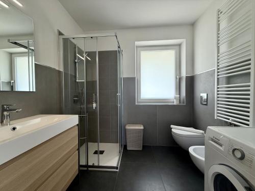 ein Badezimmer mit Waschbecken, Toilette und Fenster in der Unterkunft Feder Peaks in Canale dʼAgordo