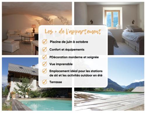 a collage of pictures of a room with a pool at Très bel appartement, Parc national des Écrins, piscine et terrasse in Les Vigneaux