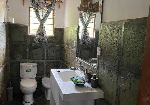 a bathroom with a toilet and a sink and windows at Villa Rita in Gede