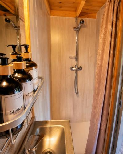 a small bathroom with a shower and a sink at Tiny house cosy au cœur des bois in Arsac-en-Velay