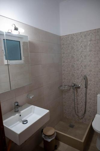 a bathroom with a shower and a sink and a toilet at TRIANTAFYLLOY ROOMS in Loutra Edipsou