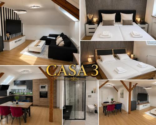 a collage of photos of a bedroom and a living room at Casa del Mondo 3 in Sankt Aldegund