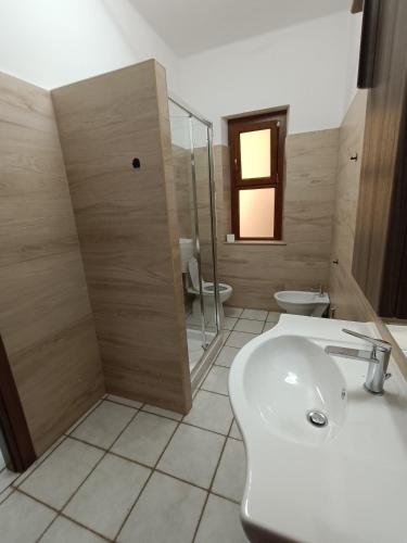 a bathroom with a sink and a shower and a toilet at Maurin in Carrara