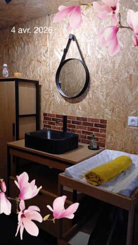 a bathroom with a sink and a mirror and pink flowers at Le Manège in Thiétreville