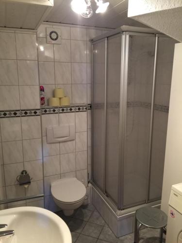 łazienka z prysznicem, toaletą i umywalką w obiekcie Haus Petra w mieście Sonnenalpe Nassfeld