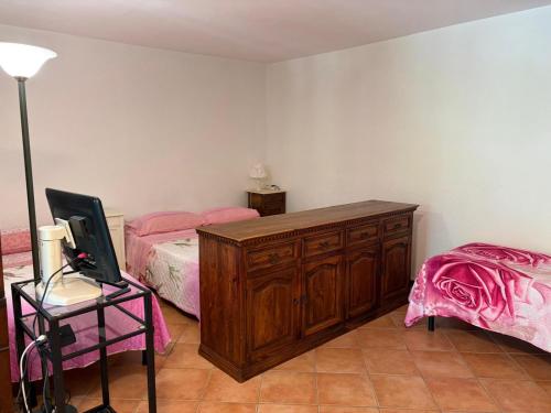a bedroom with two beds and a dresser and a television at Parte di casa con giardino e piscina in Pietrasanta