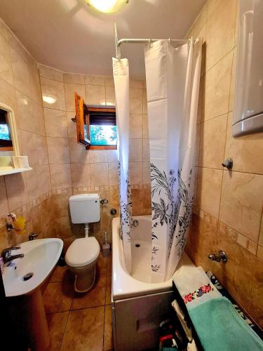 a bathroom with a toilet and a tub and a sink at Komani Hideout in Podgorica