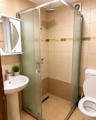 a bathroom with a shower with a sink and a toilet at Garden Guesthouse in Gjakove