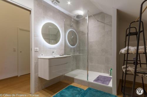 a bathroom with a shower with a sink and a mirror at Maison du Cosmos in Thorigny-sur-Oreuse