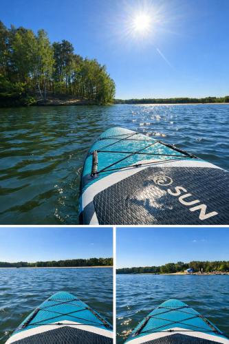 four pictures of a boat on a lake at Nad Zalewem - pokoje przy plaży in Kobyla Góra