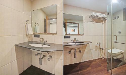 two pictures of a bathroom with a sink and a shower at Dee Empresa Hotel in Kolkata