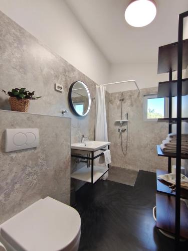 a bathroom with a toilet and a sink and a mirror at Apartmani Katarina&Ivan Krstinić in Rab