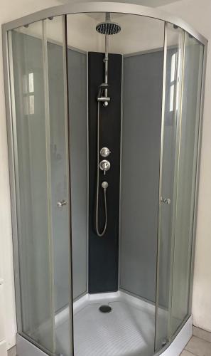 a shower in a bathroom with a glass door at Maisonnette in Chambon-sur-Voueize