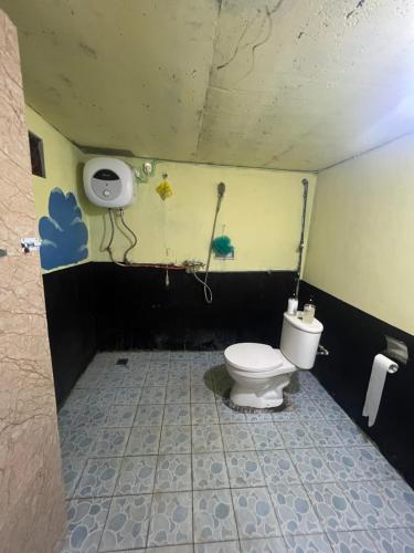 a bathroom with a toilet and a wall with graffiti at Family Hostel Lovina in Lovina