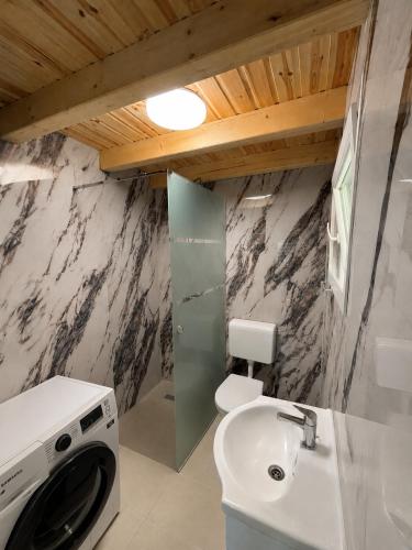 a bathroom with a washing machine and a sink at Pop Apartment Kerepes in Kerepes